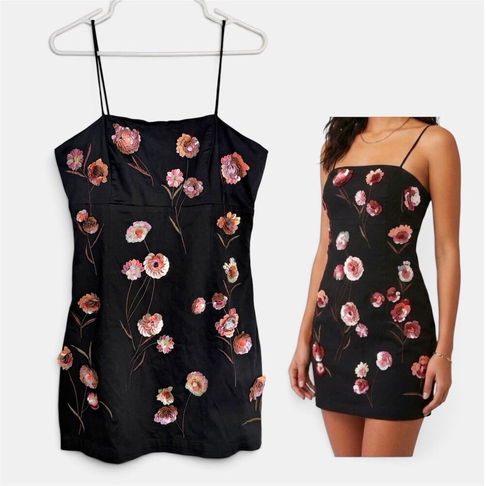 Maeve Anthropologie Brynne 3D Spaghetti Strap Mini Dress 10 Black Floral Sequins